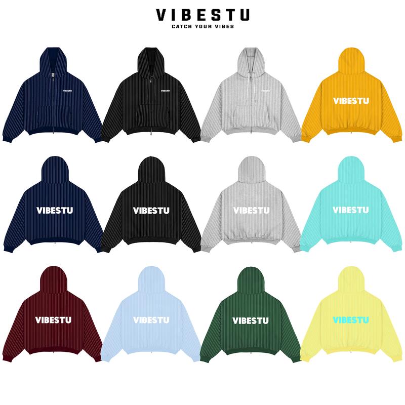 Áo Hoodie Sọc Dọc Nỉ 2 Da Vibestu " In Logo " Form Boxy Tay Dơi Unisex Nam Nữ