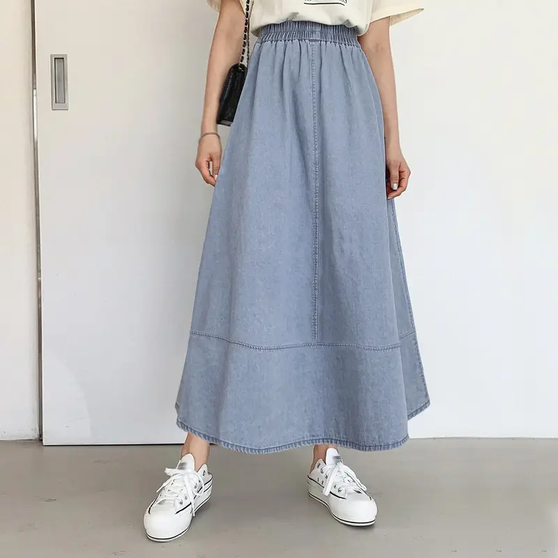 Denim Skirt Rok Wanita Summer Splicing High Waisted Loose Mid-Length  Elastic Waistline A-Line Hitam 3XL