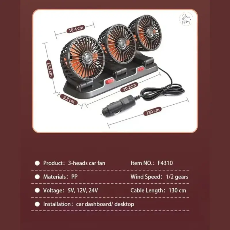 [Gloria] Kipas Angin Mobil 3 Kepala 12/24V Kipas Pendingin Truck USB Dashboard Rotasi 360 Fan Car Simple 5