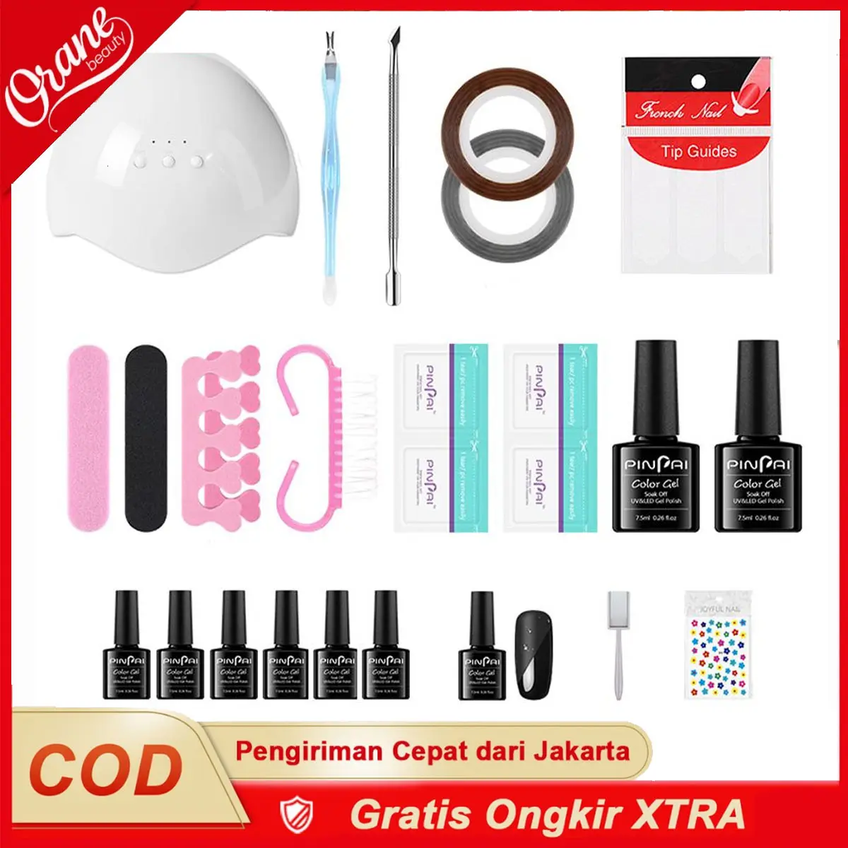 Oranebeauty  Set Lampu Kuku UV 6W dan 6 warna KukuGel, paket nail art set Atasan dan TidakMengilap dengan Lapisan Dasar