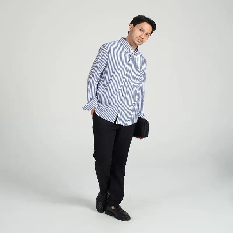 Kemeja Pria Garis WOODCUTTER Basic Butcher Stripe - Denim Blue Biru Lengan Panjang 1