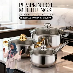 EXCLUSIVE MBARINIY - Pumpkin Pot Panci Soup Panci Susu Model Labu Masak Mie Sayur Bakso Tomyam Gold Silver Tutup Kaca Stainless Steel Multifungsi