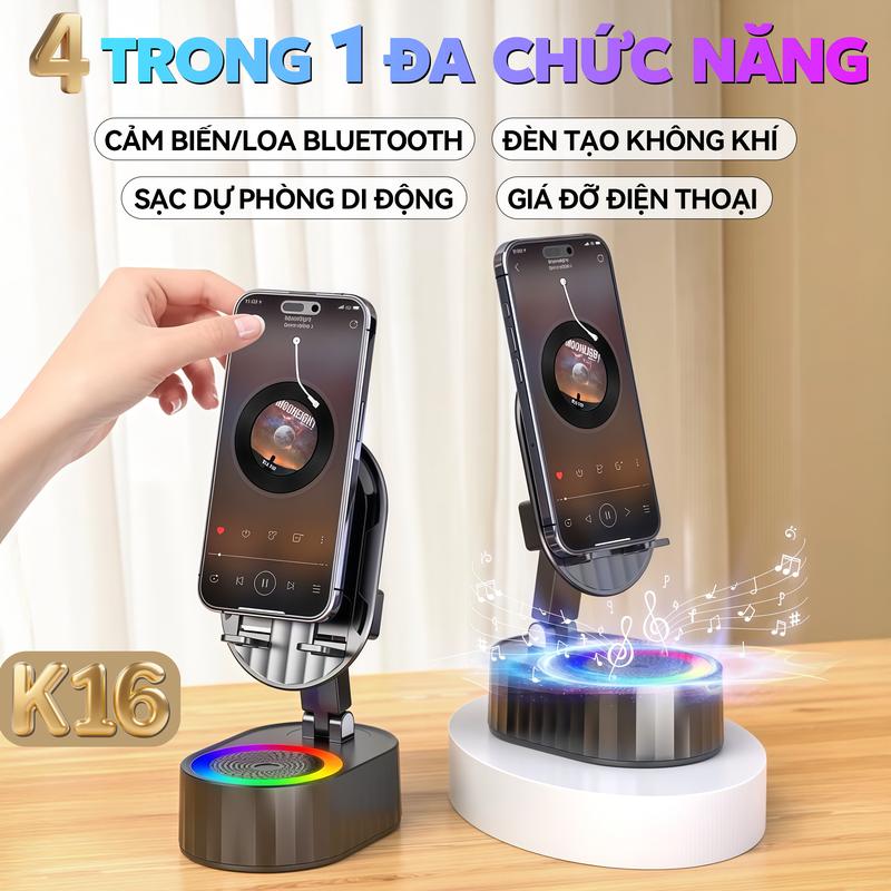 K16 Loa Cảm Ứng Không Dây 4 trong 1 Chân đế đa chức năng + Âm thanh cảm ứng Bluetooth Loa + Sạc Dự Phòng + Đèn không gian Âm thanh đỉnh cao Pin lớn 3000mAh Kết Nối Cảm Ứng Không Cần Kết Nối Bluetooth
