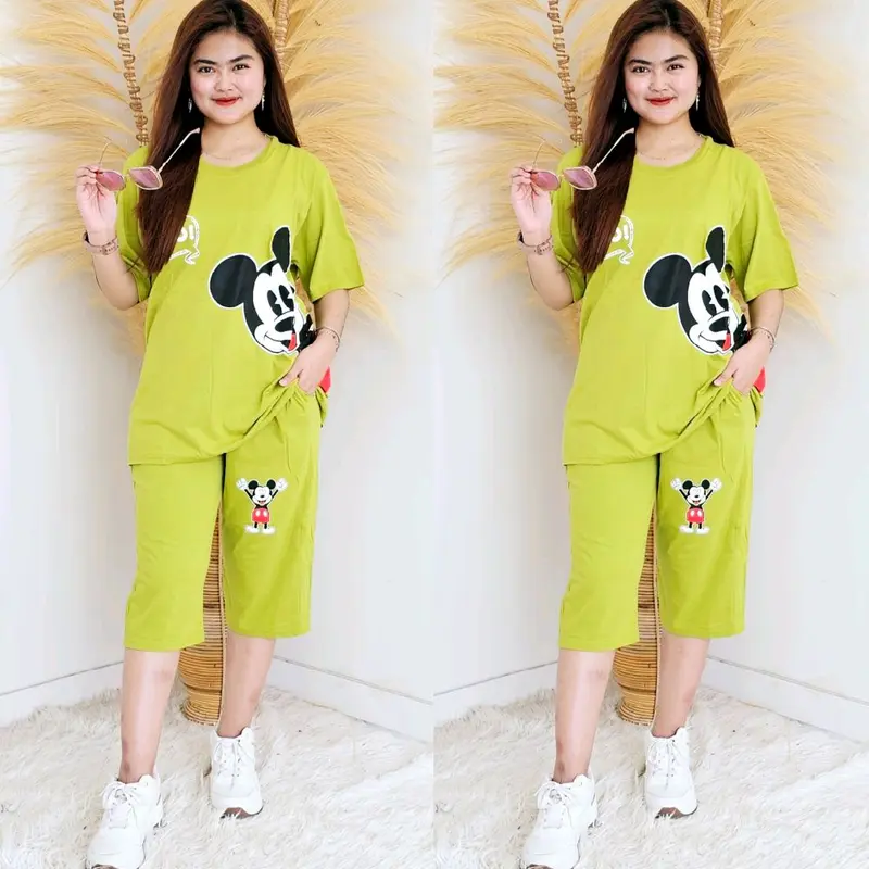 Setelan Wanita Jumbo Lengan Pendek Celana 7/8 Atasan Celana Bahan Katun Kombed 30s One Set Oversize All Size Wanita Setcel Dewasa Remaja Katun Lembut Nyaman Combed Baju Motif 2