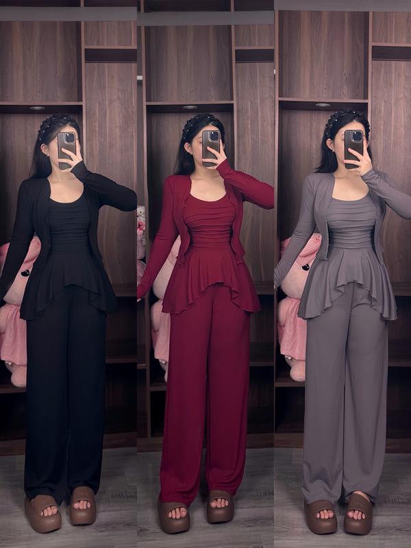  Set 3 Món Áo Khoác Tay Dài & Quần Dài Phong Cách Casual Cho Nữ Mùa Mới 2025 