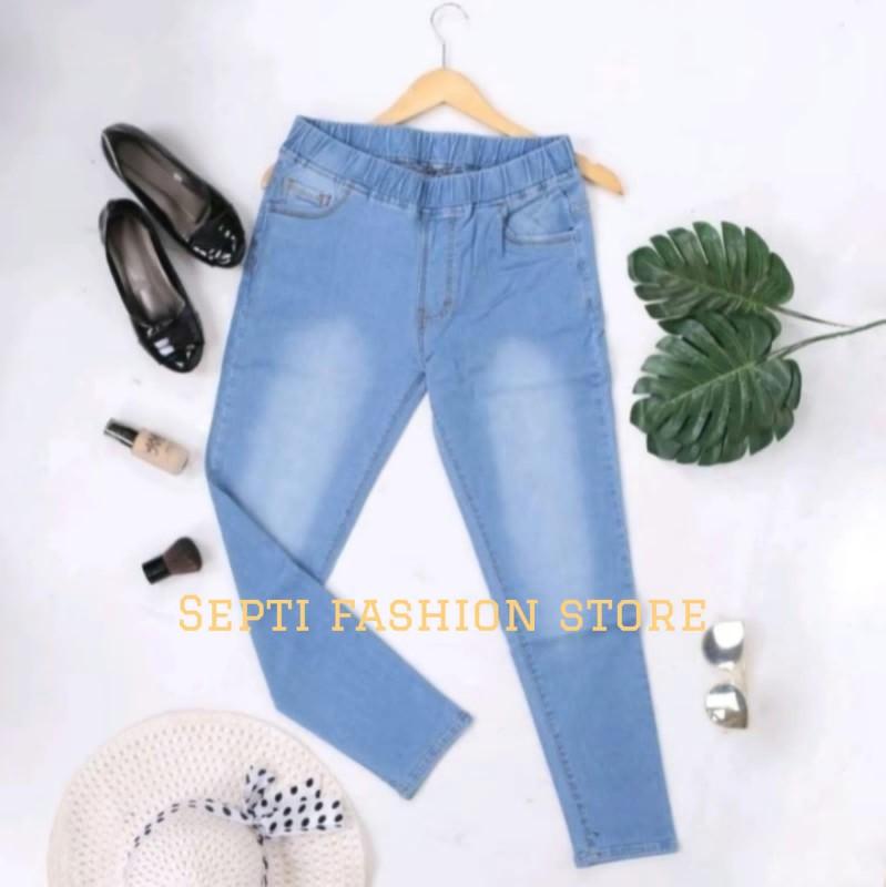 Septi fashion. Celana legging jeans wanita strech premium rifas pinggang karet Stretch Dewasa Nyaman Soft Tebal