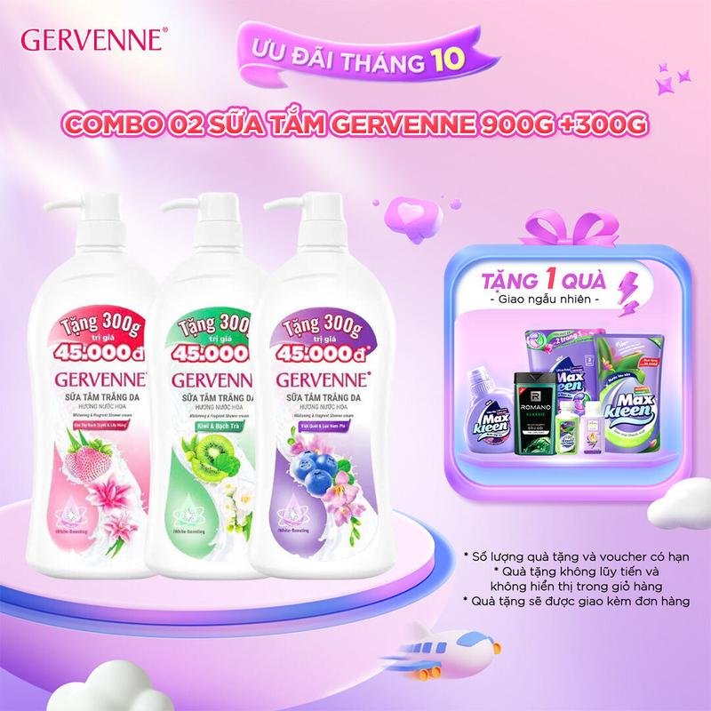 [TĂNG 33% DUNG TÍCH] COMBO 02 SỮA TẮM GERVENNE HƯƠNG DÂU TÂY BẠCH TUYẾT VÀ LILY HỒNG/KIWI XANH VÀ BẠC HÀ/VIỆT QUẤT VÀ HOA LAN NAM PHI (900G + 300G) X2