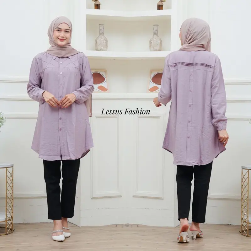 Lissa Tunik Opnaisel Polos polo linen kancing depan belakang|| kemeja wanita polos tunik pololinen|| pakaian muslim wanita atasan kekinian 1