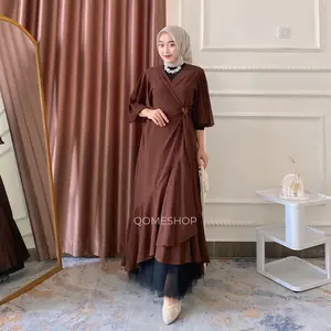 QOME-Gaun Outer Amora bahan ceruti lengan terompet baju Pantai Muslim Outer Wanita  Panjang  Liburan  Casual  Oversize Atasan