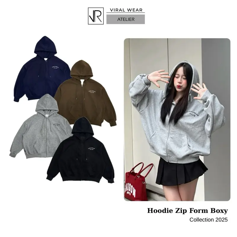 [ KHÔNG XÙ LÔNG ] Áo Hoodie Zip Form Boxy In Lụa Viralwear Chất Nỉ 2 Da Mặc Được 4 Mùa