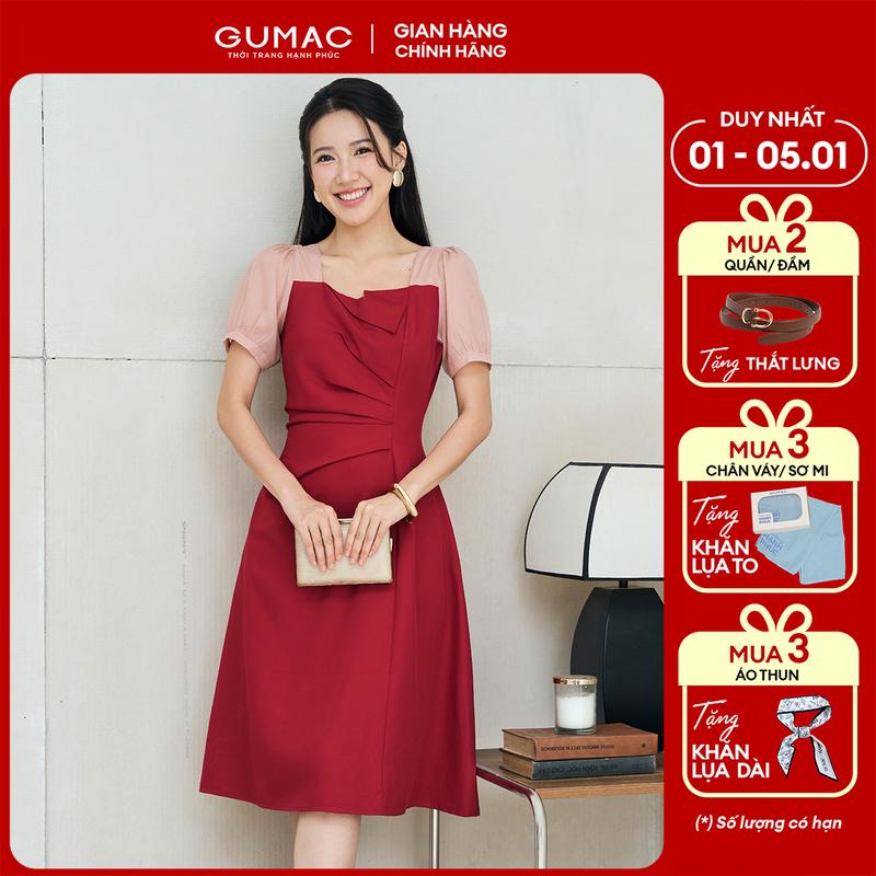 MUA 2 TẶNG THẮT LƯNG Đầm nữ form A thiết kế cổ vuông phối tơ xếp ly tay phồng màu đen - đỏ đô thời trang GUMAC LDE0701