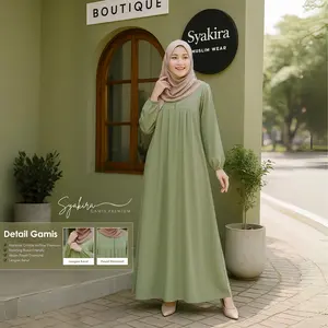 Gamis PREMIUM SYAKIRA Bahan Crinkle Airflow Premium Aksen Payet Diamond Swarovsky LD 110 120 130 Sage