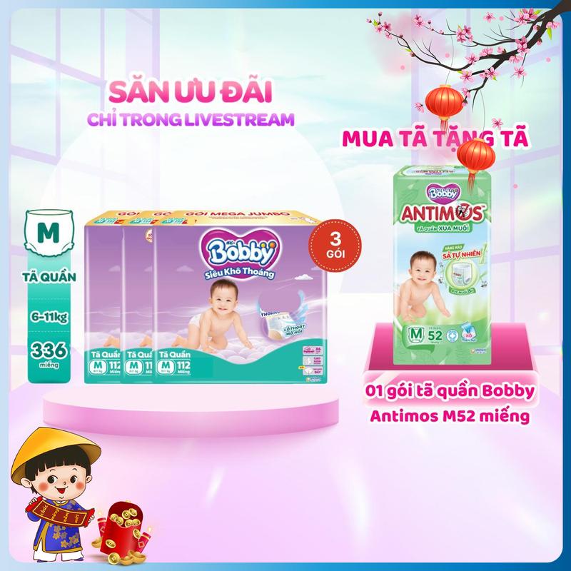   COMBO 3-TẶNG TQ ANTIMOS  Bobby Tã bỉm quần Siêu khô thoáng M112 L96 XL84 XXL76 