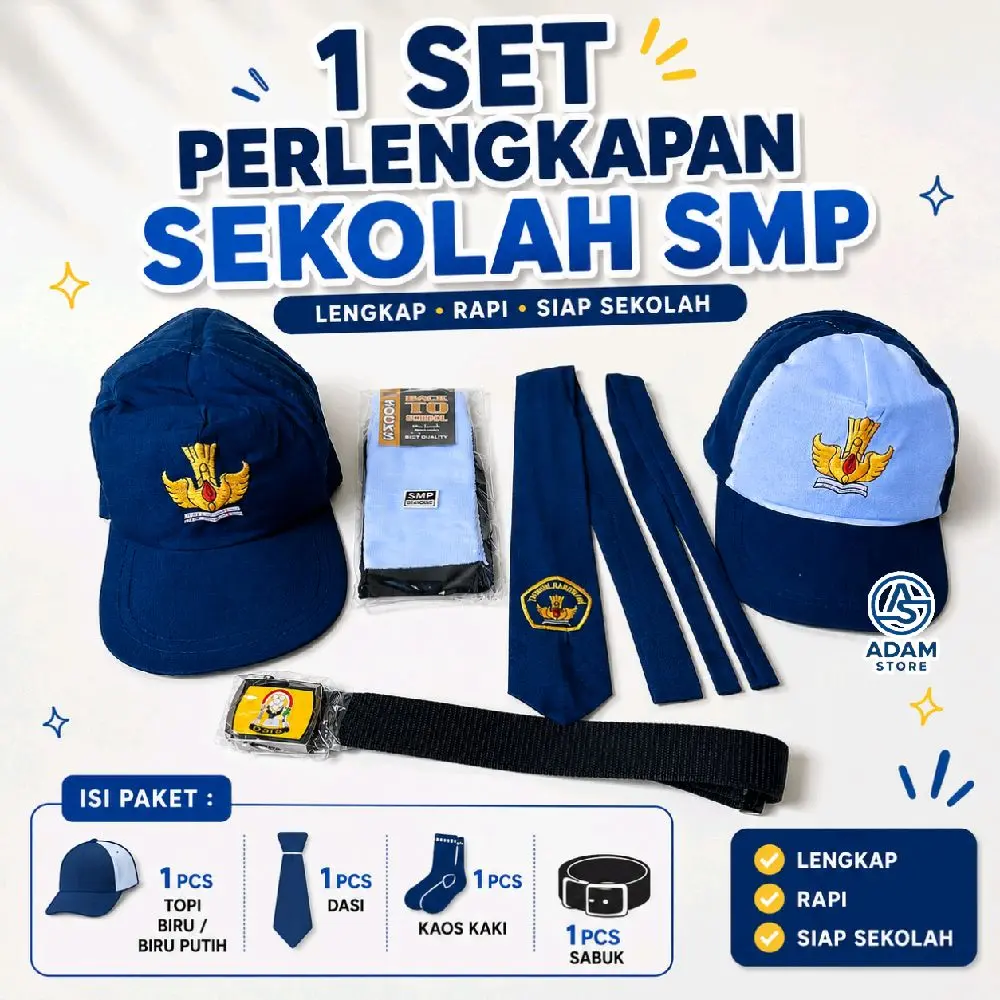 PAKET HEMAT PERLENGKAPAN SEKOLAH SMP//LENGKAP TOPI DASI SABUK KAOS KAKI SMP