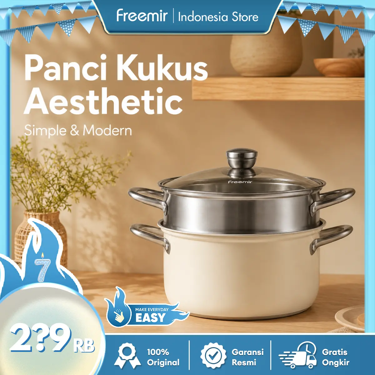 [AF] freemir Steamer Kukusan Stainless Steel 2 Susun Beige Pengukus Serbaguna Kapasitas Besar Kitchenware