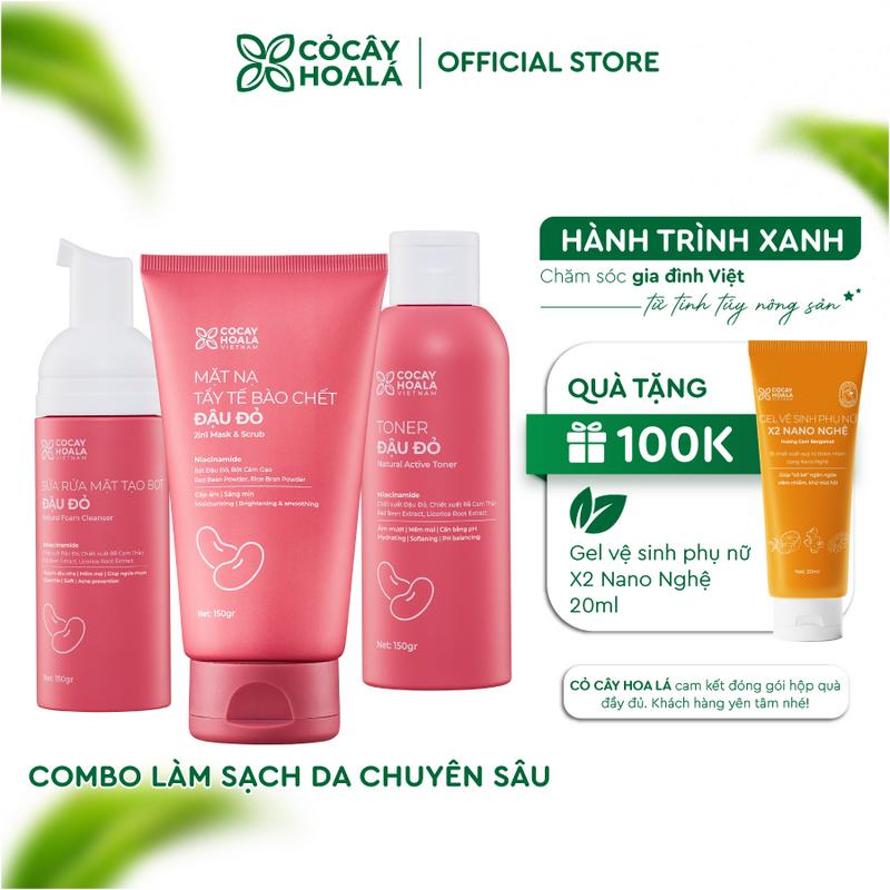 Combo Chăm Sóc Da Đậu Đỏ: Sữa Rửa Mặt Tạo Bọt Đậu Đỏ 150g, Mặt Nạ Tẩy Tế Bào Chết Đậu Đỏ 2in1 150g, Nước Hoa Hồng Đậu Đỏ Cỏ Cây Hoa Lá 150g Skincare
