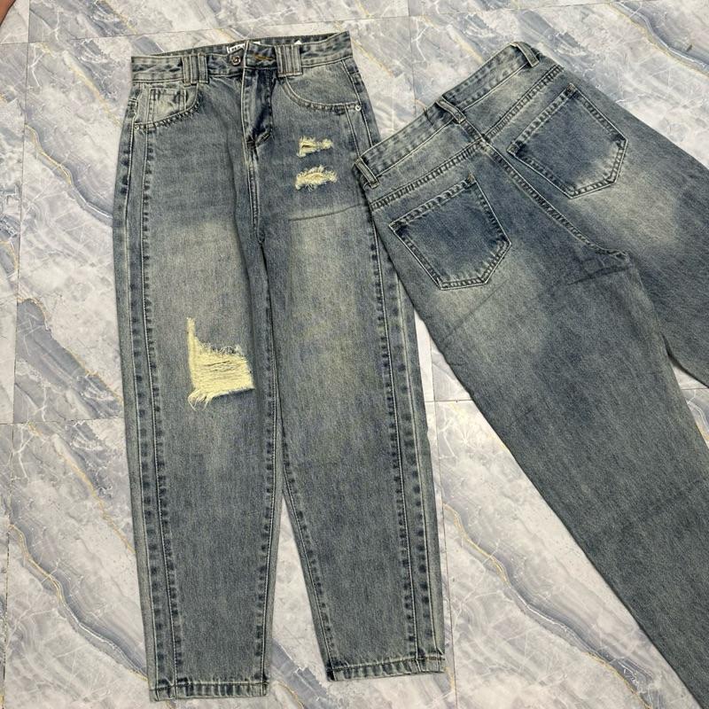 [793] Quần Baggy Jeans Cạp Cao Chích Thân Rách Nhẹ Màu Xanh Nhạt