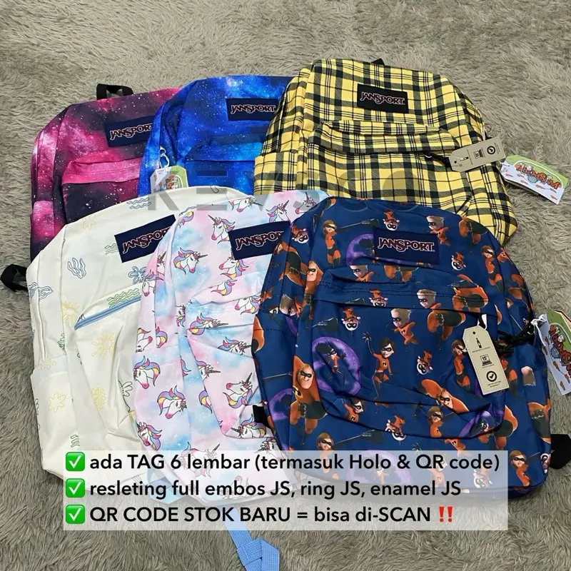[READY/COD] tas ransel JANSPORT MOTIF SUPERBREAK LARGE FULL EMBOSS TAG HOLO BARCODE - pria wanita unisex anti air waterproof banana awan art blue cloud comic 1
