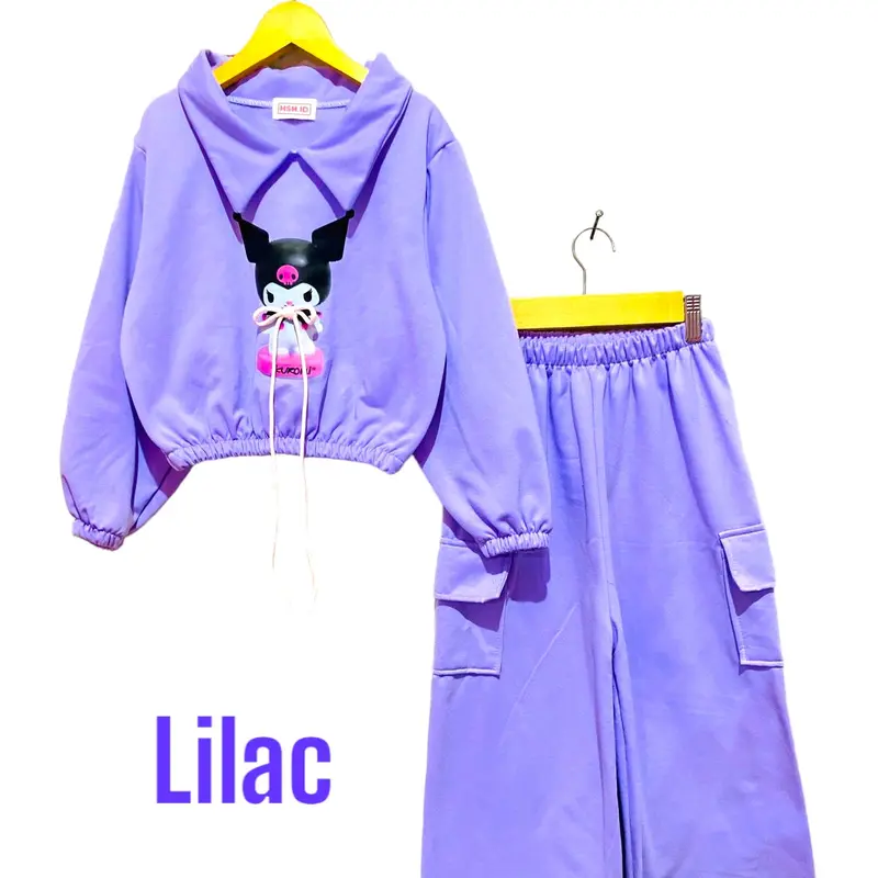 Baju Setelan Sweter Crop Anak Perempuan Gambar Kuromi Viral 3D tali Timbul Celana Cargo usia 2 sampai 12 Tahun 2