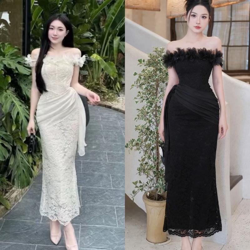   Có bigsize-Có Sẵn  Đầm ren trễ vai dài phối hoa vai vạt chéo eo tua rua CÓ MÚT kho sỉ hải chuyền Đ303 