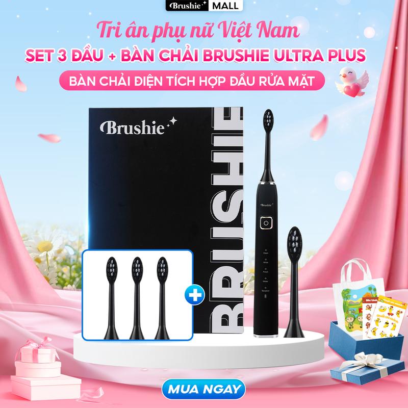 [BÃO SALE] Combo Bàn chải điện Brushie Ultra Plus chính hãng tích hợp đầu rửa mặt hỗ trợ làm sạch hiệu quả và 3 đầu thay thế cùng màu [ Bảo hành 1000 NGÀY ] - TẶNG 1 TÚI CANVAS + 1 KEM ĐÁNH RĂNG + 2 TẤM STICKER