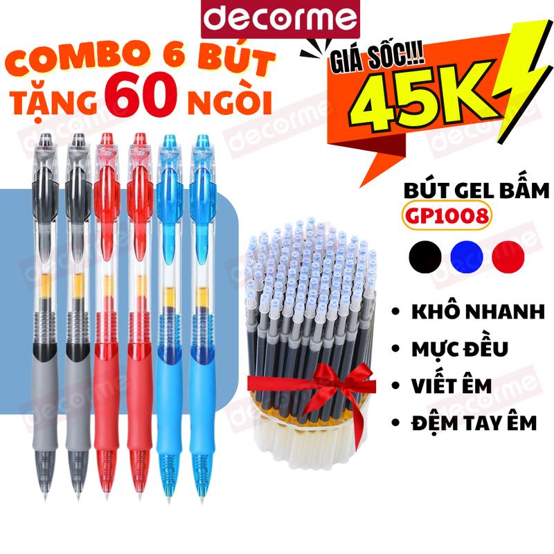 Combo 6 bút + 60 Ngòi bút gel bấm GP1008 mực đen xanh đỏ bút bấm có đệm tay êm khô nhanh Decorme