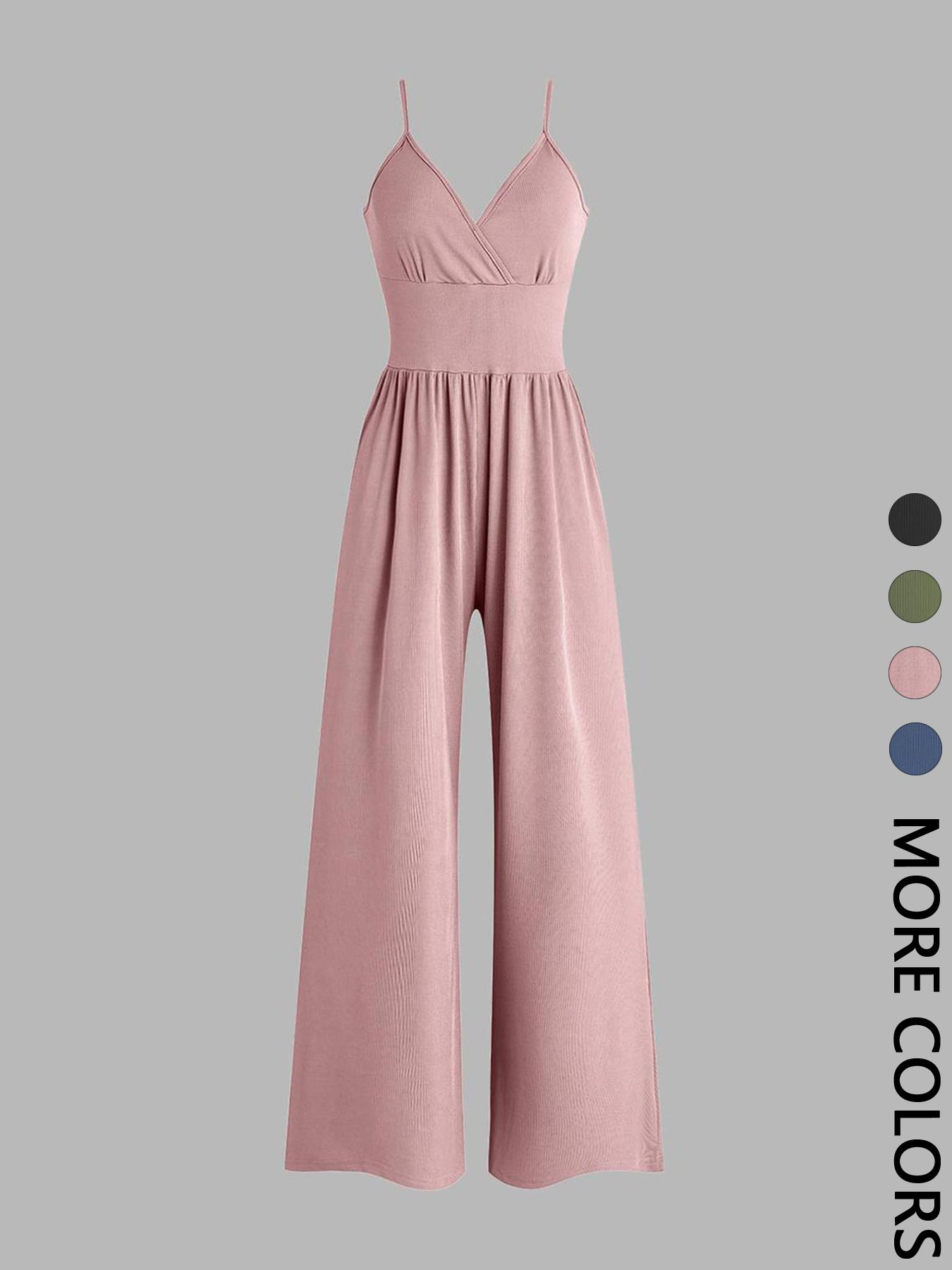 Women's Solid Plicated Ribbed Wide Leg Cami Jumpsuit, Summer Outfits 2024, Casual Sleeveless Spaghetti Strap High Waist Jumpsuit for Daily Wear