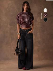 Camiseta de mujer elegante para verano con lunares, cuello redondo, mangas de hombro caído, ajuste entallado, diseño estiloso, perfecta para uso casual