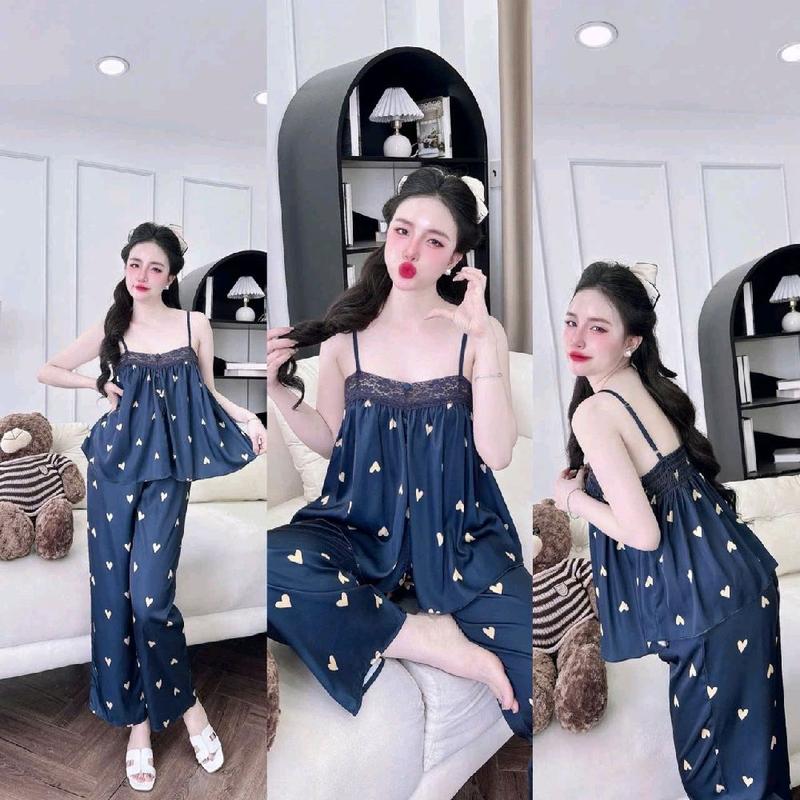 Sét bộ mặc nhà áo hai dây cúc bọc, quần dài có túi, Chất liệu lụa latin free size 40_65 kg