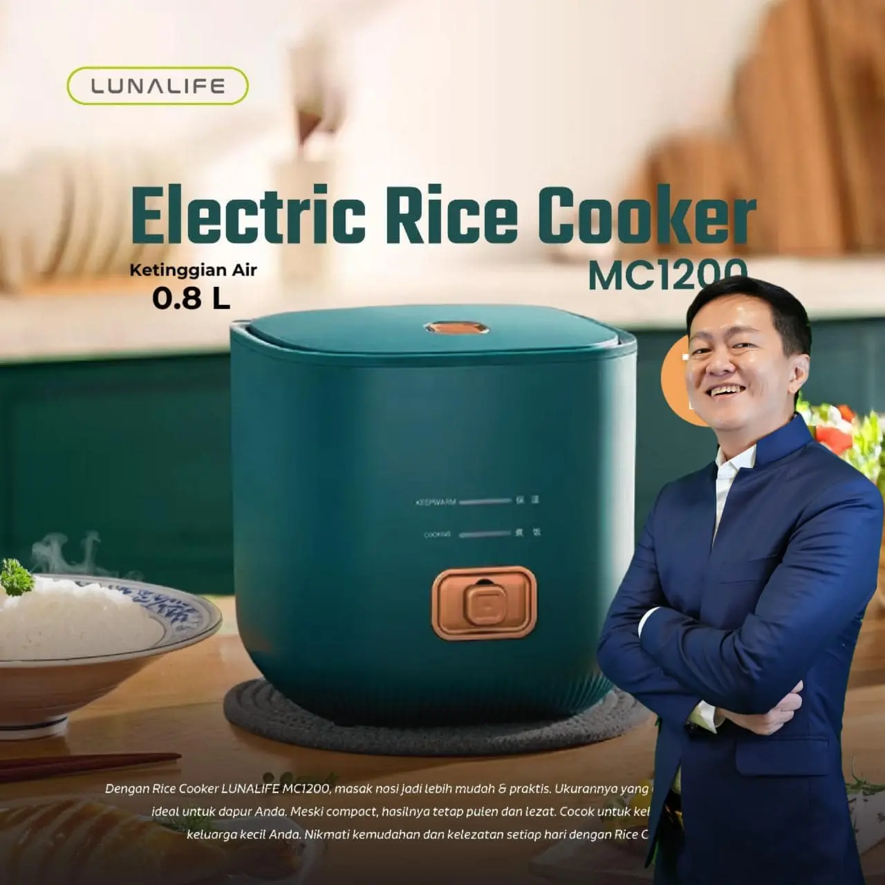 [King Kevin Approved] LUNALIFE Rice Cooker Penanak Nasi Portable 0.8L 200Watt Ketinggian Air 0.8Liter