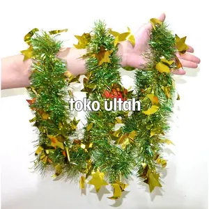 [2 meter] Slinger / Hiasan / Pernak-pernik Parcel Lebaran Idul Fitri Motif Ketupat dan Bulan Bintang Tebal 5cm Warna Hijau