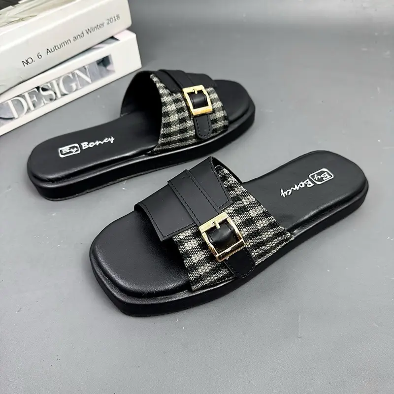 BY BONCY ~ Sendal Platform Wanita Selop Cewek Trendy, Sandal Rajut Premium Kulit Syntetic Motif Batik - Hitam/Krem (Size 37-40) Shoes