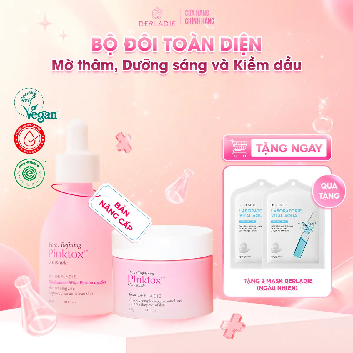 Bộ Đôi Hỗ Trợ Kiềm Dầu, Ngừa Mụn, Thu Nhỏ LCL Serum Niacinamide 20% và Mặt nạ đất sét Derladie Pore Tightening PinkTox Clay Mask 60g