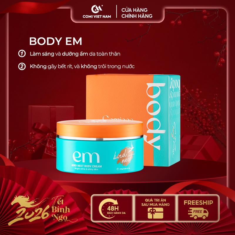   COMI VIETNAM  Body Em Kem Dưỡng Da Body Em Chiết Xuất Dịch Yến Hộp 250g Dưỡng Ẩm & Sáng Da Với Niacinamide & Dầu Hạt Nho Cho Da Mềm Mịn Tươi Trẻ 