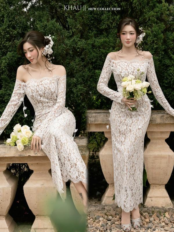 Váy ren dáng dài trễ vai sang chảnh hoạ tiết hoa bẹt K823