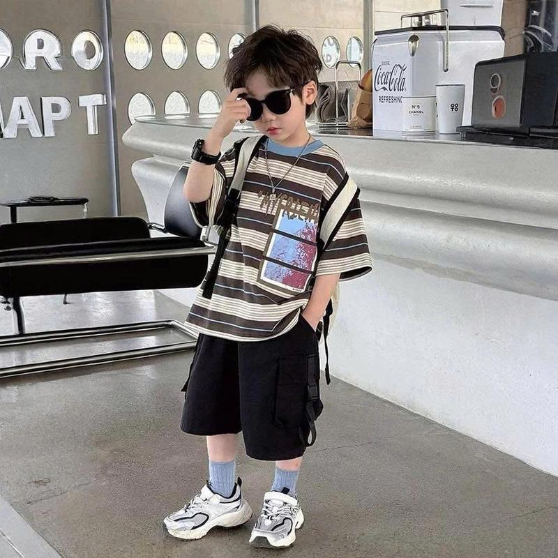 [HaDuyenKids] Bộ Cộc Tay Cho Bé Trai Kẻ Loang Phong Cách Hàn Quốc Quần Kaki Chất Vải Cotton Co Giãn 4 Chiều