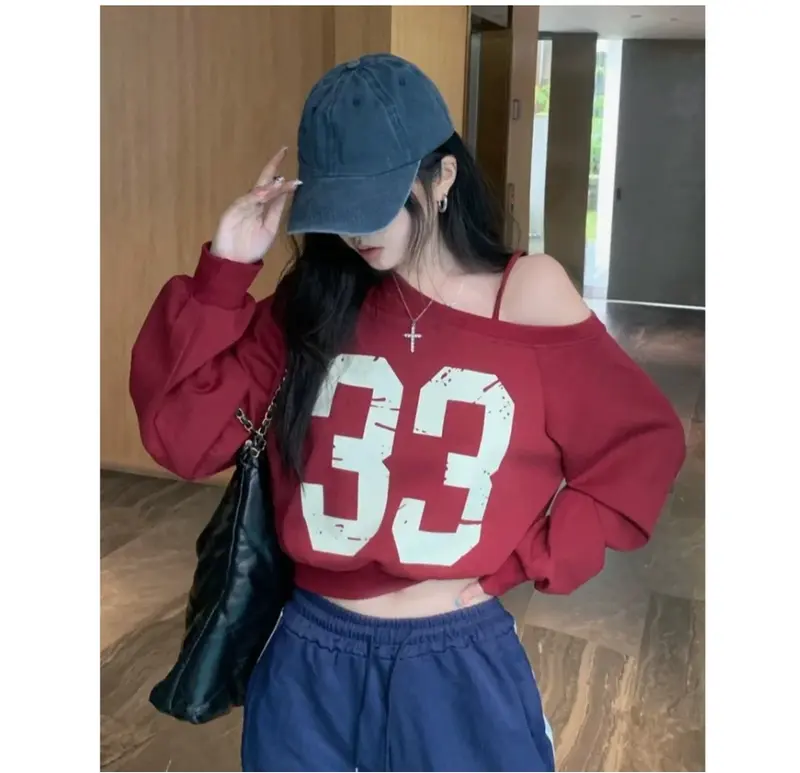 Atasan Sweater 33 Cropped Top / Sweater Cetak Digital Amerika / Atasan Bungkuk Untuk Wanita / Sweater Pendek Longgar NTR Crewneck Sweatshirt Cewek Fleece Oblong 1