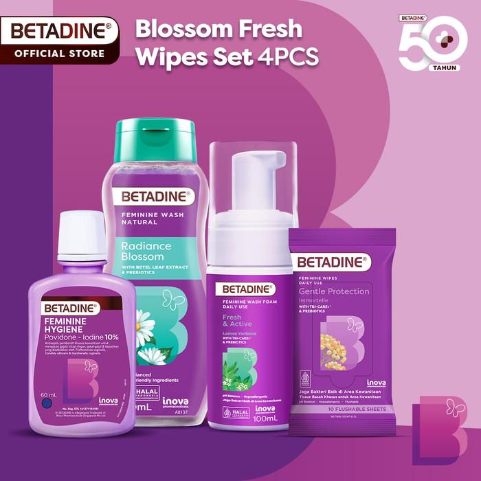 Gambar Betadine Feminine Care Bundle Blossom Fresh Wipes Set - Feminine Wash dengan Ekstrak Daun Sirih & Prebiotik – Membantu Mengurangi Bau Tidak Sedap, Menjaga Kesegaran, pH Seimbang, Perawatan Area Kewanitaan Sehari-hari dari Betadine Shop Kota Tangerang Tokopedia