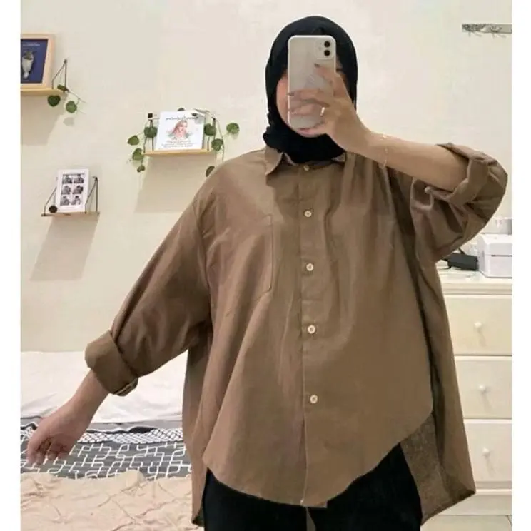 Atasan Wanita Kemeja Olive Lengan Panjang Polos Premium 2