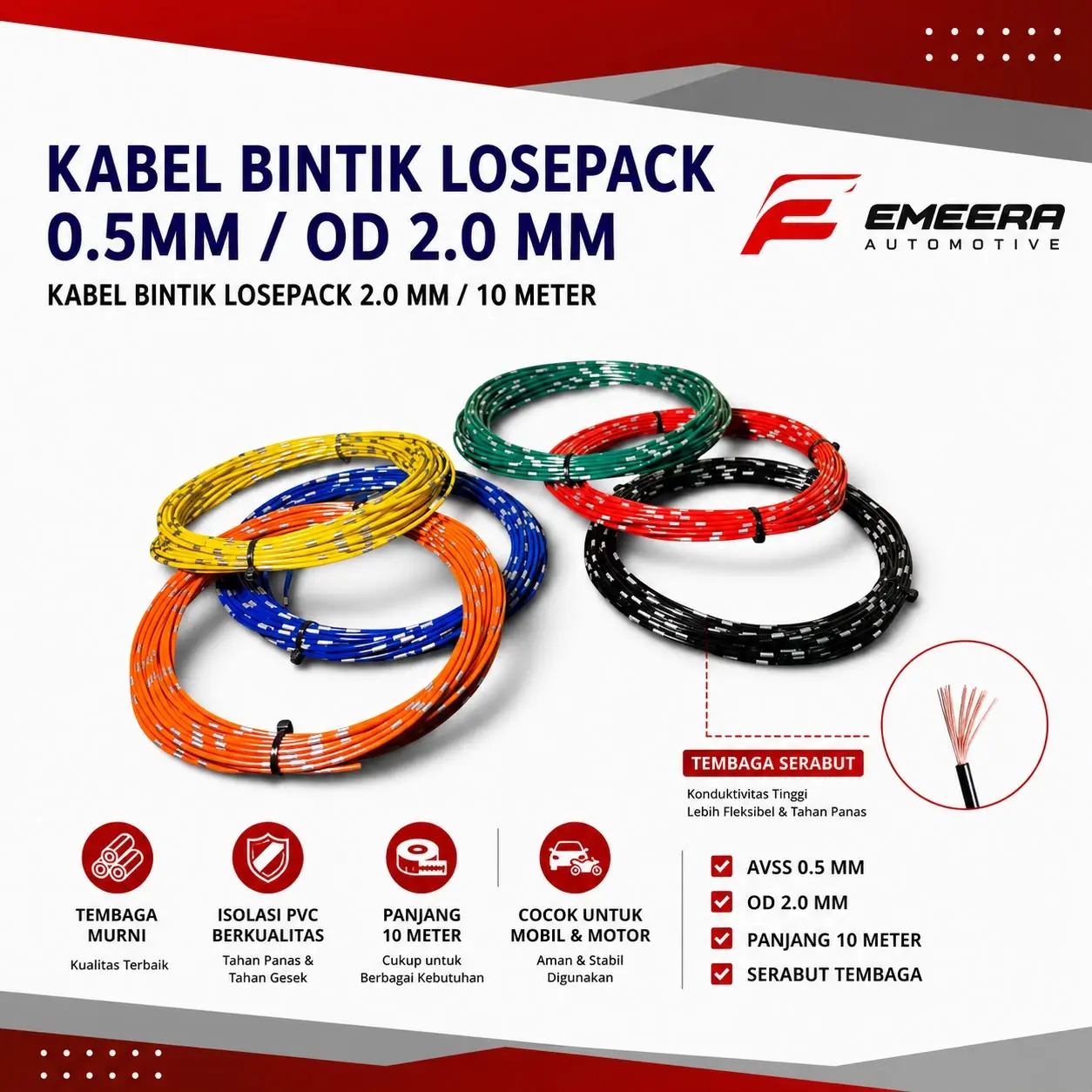 Kabel Bintik AVSS 0.5MM x 10M Kabel Otomotif Body Mobil Motor Serabut Tembaga Kabel Audio