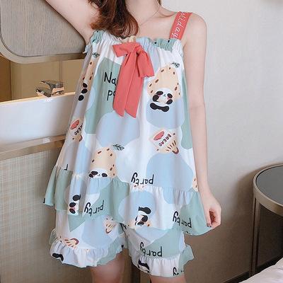 AKS Setelan baju tidur wanita dewasa lengan kutung celana pendek bahan katun polyester adem licin serap keringat motif karakter animasi lucu full kancing fit to XXL big size jumbo kekinian terbaru set piyama perempuan remaja cocok untuk harian PY009 1