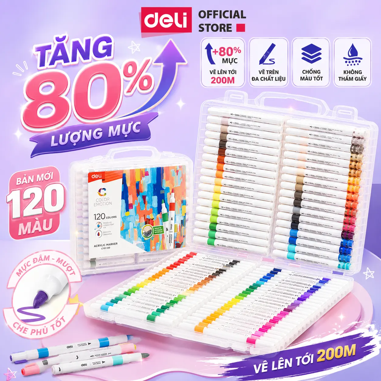 [MỚI - 120 MÀU TĂNG 80% MỰC] Bút màu sơn Acrylic Marker 100 màu Deli - Nhiều hơn 80% mực 12/24/36/48/64/80 Màu - Hộp nhựa, có quai xách tiện lợi, chống thấm nước, tô màu đậm, thích hợp đi nét DIY vẽ quần áo giày ký áo cho mùa kỷ yếu tốt nghiệp