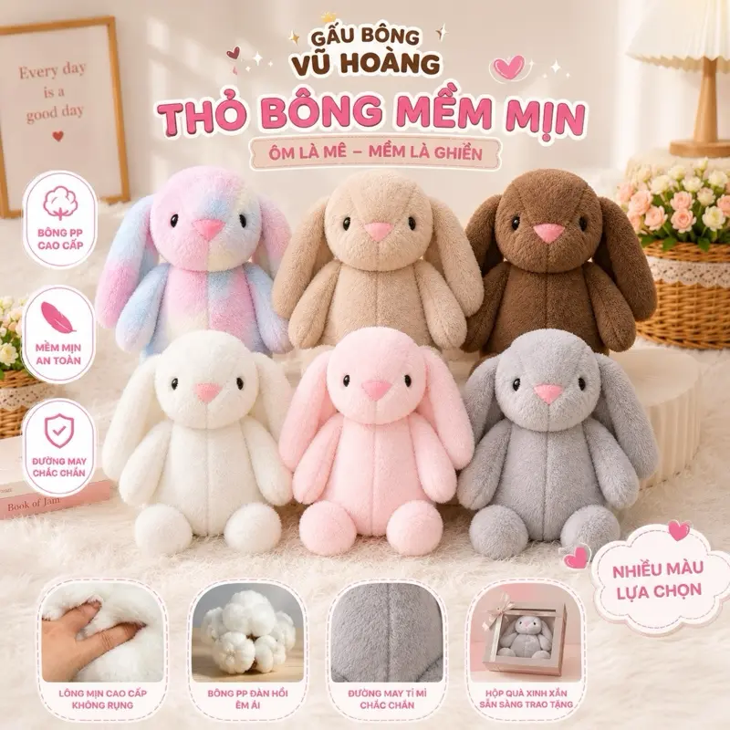 SIZE 40CM- THỎ BÔNG JELLY TAI DÀI (ĐO TỪ ĐẦU XUỐNG CHÂN - THEO THIẾT KẾ CHÂN TAY ÍT BÔNG)