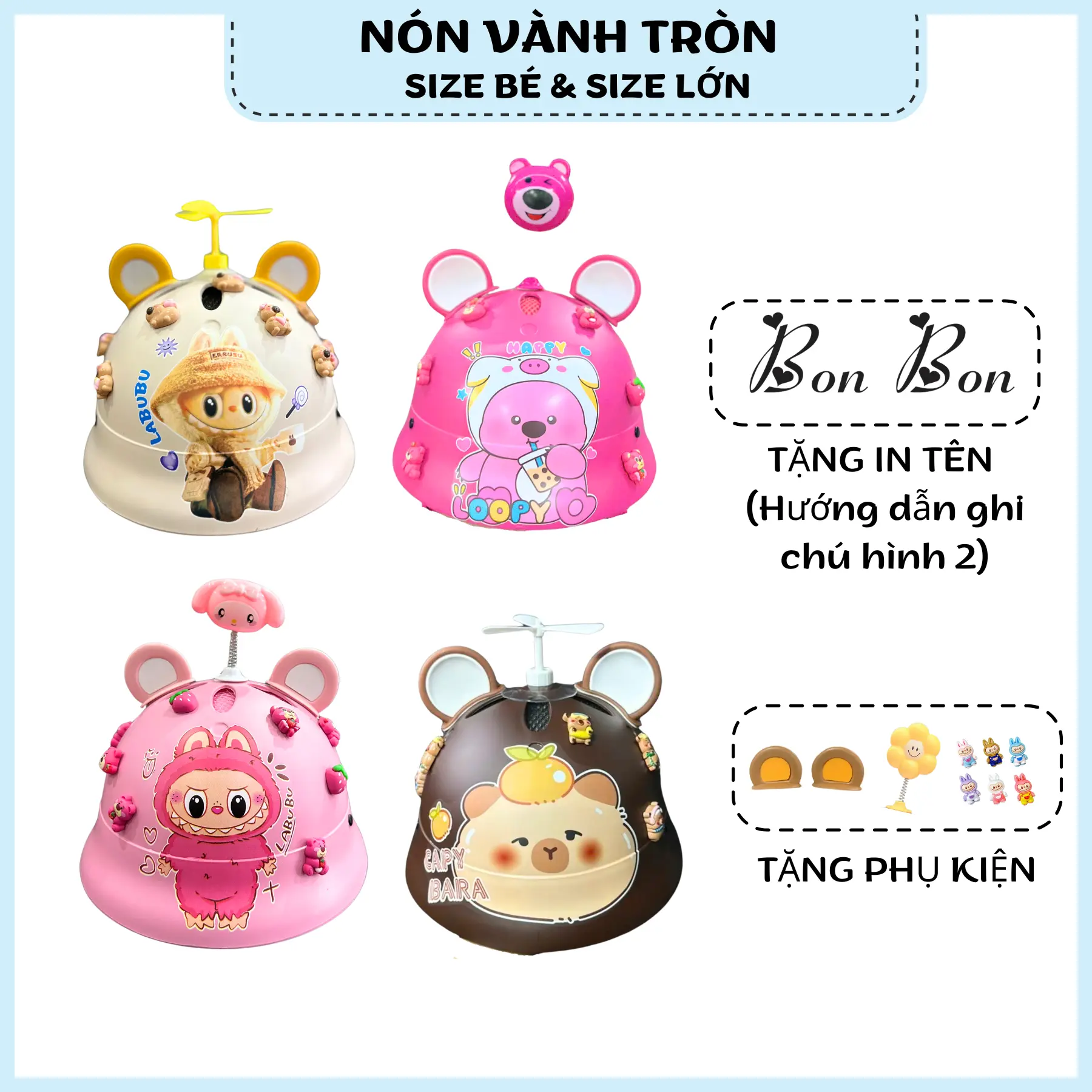 (TẶNG IN TÊN DÁN) Nón Bảo Hiểm CHO BÉ Nón Vành Tròn LABUBU Kèm Charm Và Phụ Kiện Tai Gấu