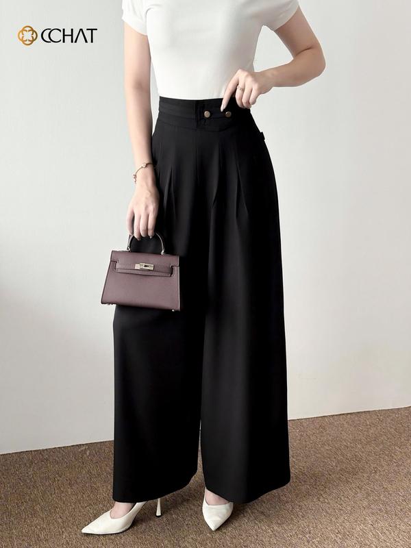 Quần Nữ CCHAT Dáng Suông Xếp Ly Cạp Kiểu Chất Tuytsi 24QDS2050ST