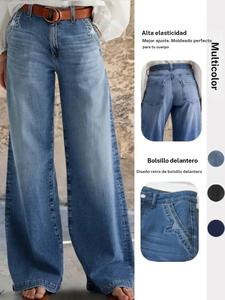 Jeans de cintura alta y pierna ancha para mujer, de corte holgado y cómodos en mezclilla azul, ideales para uso diario casual, ropa de moda elegante para damas