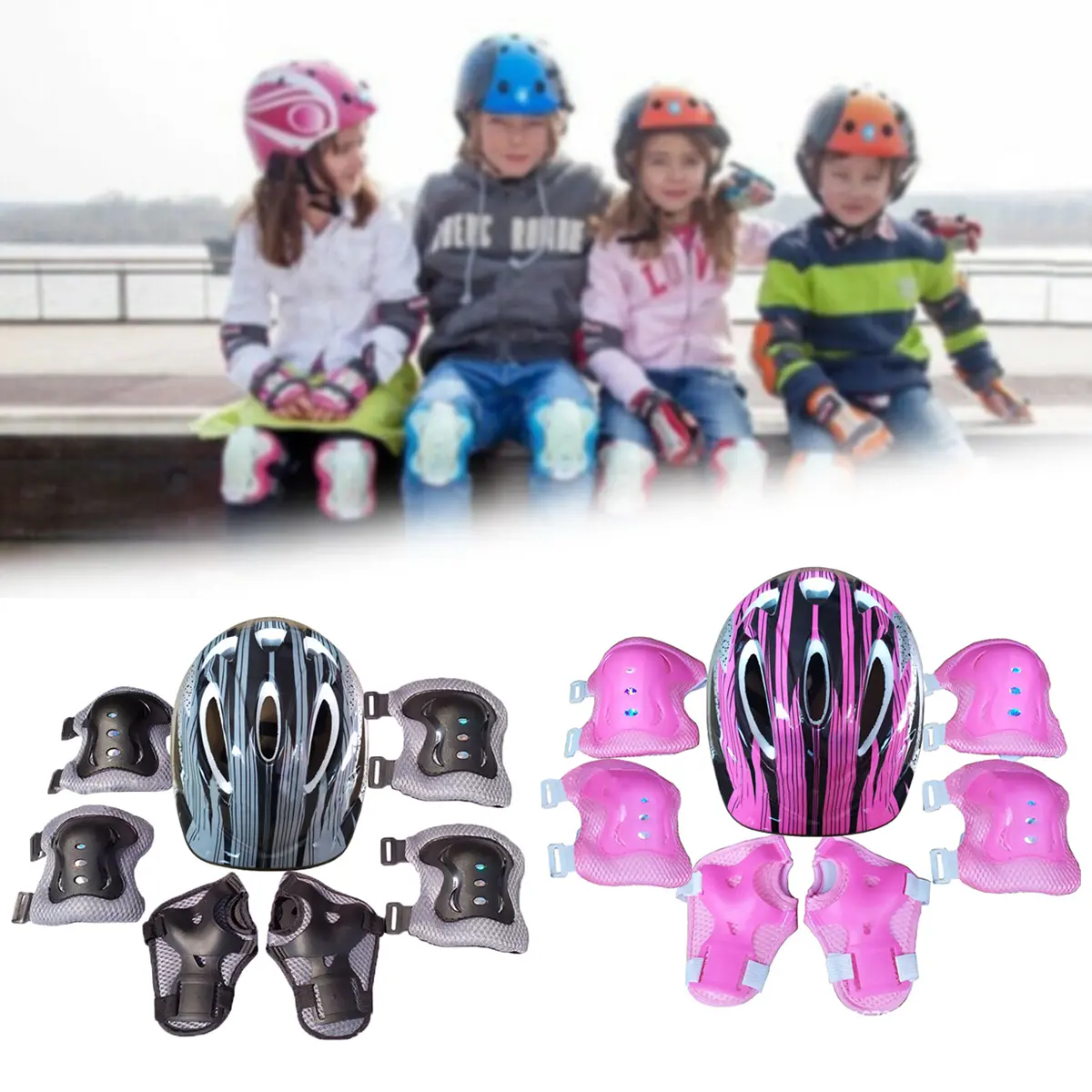 2024 7Pcs/Set Roller Skating Elbow Knee Wrist Pads Helmet Children Adults Protector Outdoor Riding Skateboard Ice Sports Protective Gear