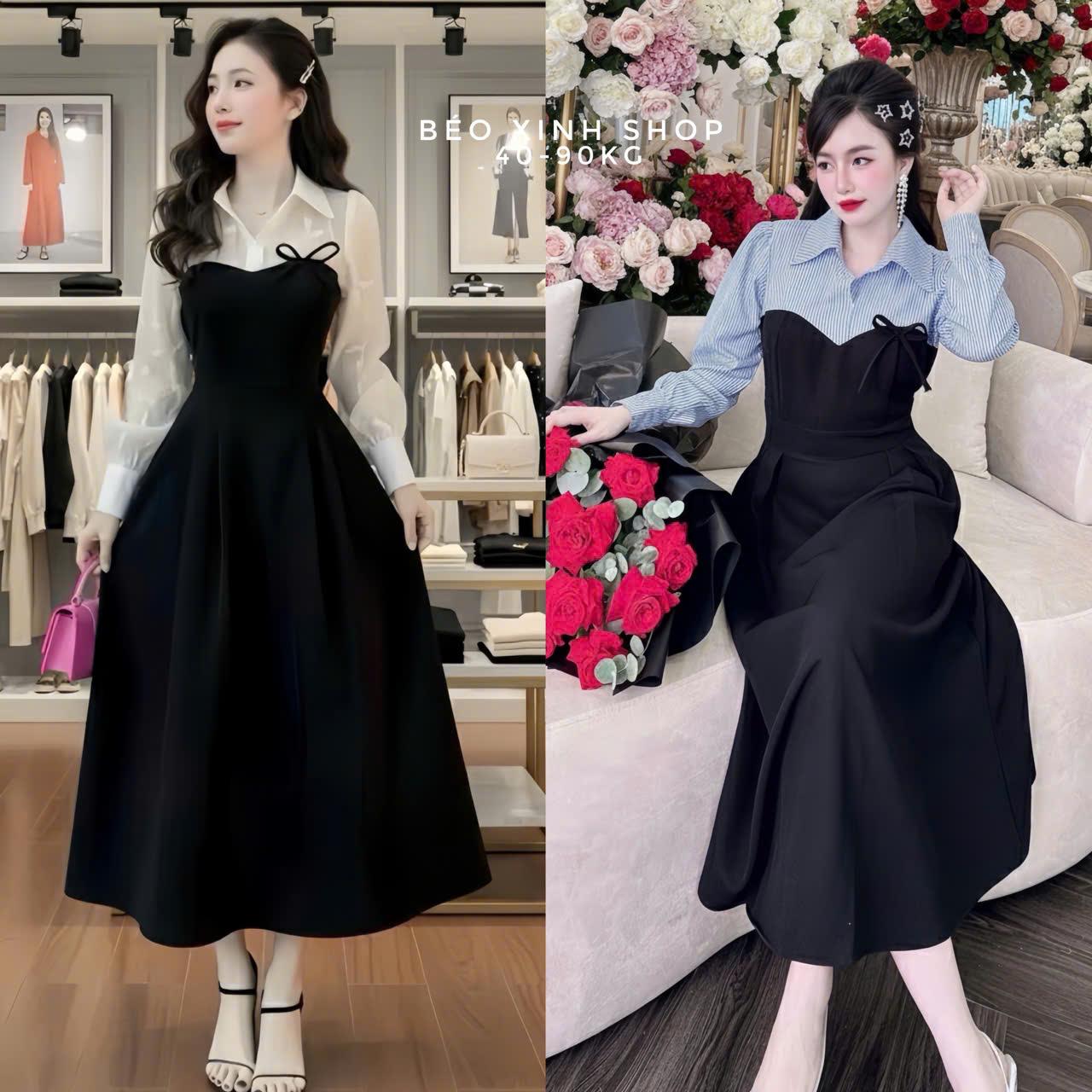 Váy Dự Tiệc Nữ Thiết Kế Tay Dài Phối Cổ Sơ Mi (Vải Tuyết Mưa) Cao Cấp Thanh Lịch, Che Dáng Đẹp Bigsize 40–90kg Thời Trang Nữ Béo Xinh Shop - A.1625