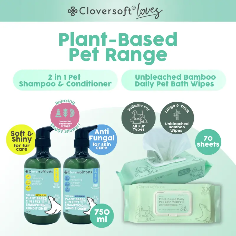 [Bundle of 3] Cloversoft Loves Plant-Based Pet Range - 2 In 1 Pets Shampoo & Conditioner 750ml + Daily Bath Pet Wipes [70 Sheets]