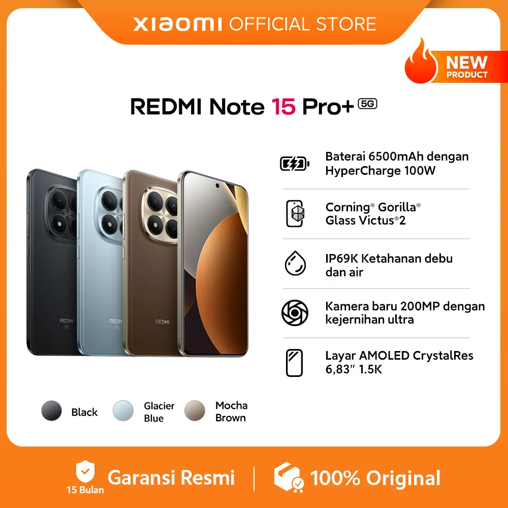Xiaomi Redmi Note 15 Pro+ 5G (8/256 GB) (12/512 GB) | Baterai 6500mAh dengan HyperCharge 100W | Corning Gorilla Glass Victus 2 | IP69K Ketahanan debu dan air | Kamera baru 200MP dengan kejernihan ultra | Layar AMOLED CrystalRes 6,83" 1.5K[Xiaomi Official]